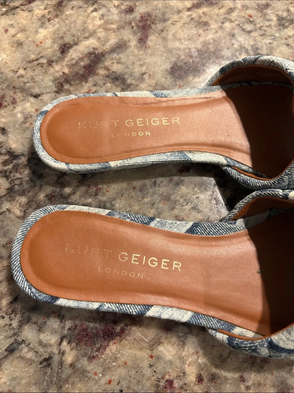 Kurt Geiger Quilted Denim Slide Mules with Gold Emblem